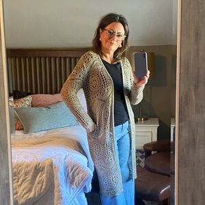 Chelsea & Theodore Open Knit Long Cardigan Sweater in mocha sz Small